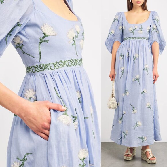 Agua by Agua Bendita Viviane Soledad Embroidered‎ Blue Linen Floral Maxi Dress S - Picture 14 of 16